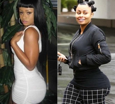 A picture of Blac Chyna before (left) and after (right) she gained buttocks fat.